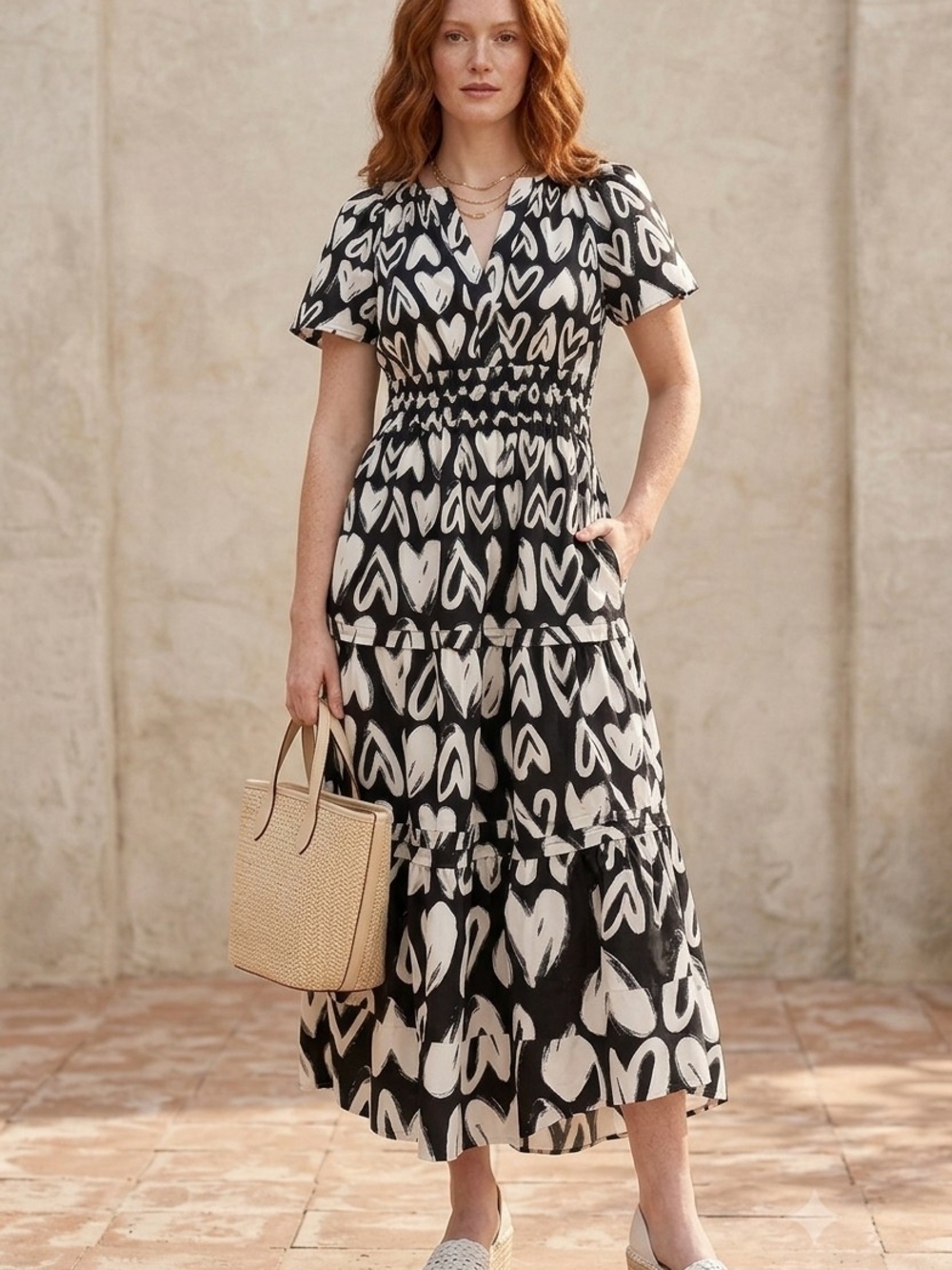 Anthropologie Black & White Heart-Print Maxi Dress